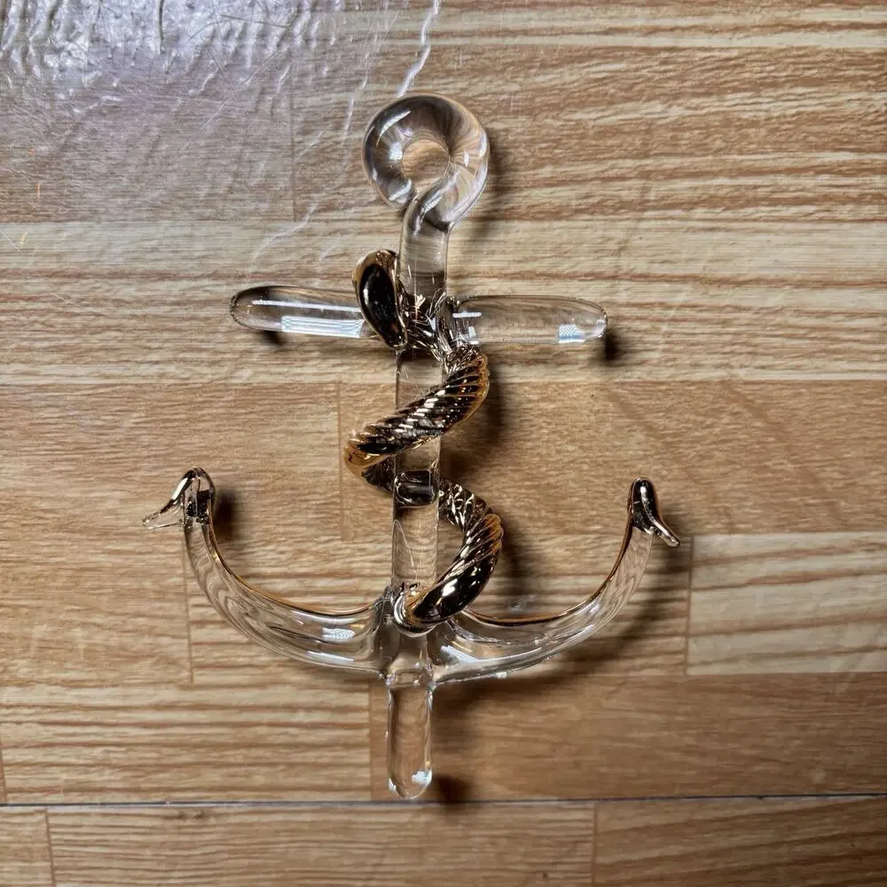 Cecil Art Glass Anchor Sculpture Wood Base Nautical Handmade Blown Glass 4 Inch